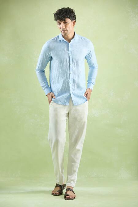 Shop_Aryavir Malhotra_Blue Linen Cerulean Geometric Stripe Shirt _Online_at_Aza_Fashions