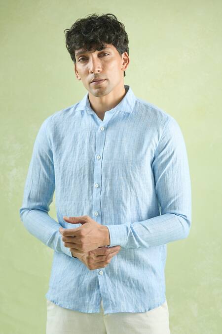 Aryavir Malhotra_Blue Linen Cerulean Geometric Stripe Shirt _at_Aza_Fashions