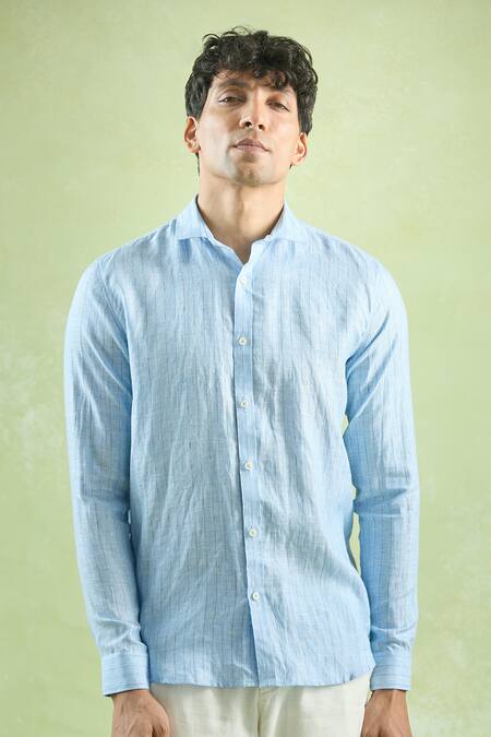 Buy_Aryavir Malhotra_Blue Linen Cerulean Geometric Stripe Shirt 