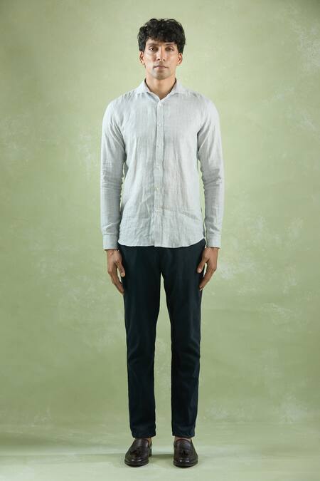 Aryavir Malhotra_Gray Linen Geometric Stripe Shirt _Online_at_Aza_Fashions