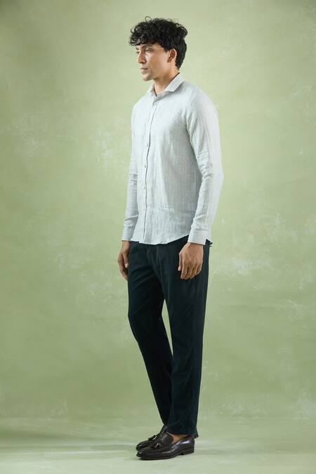 Buy_Aryavir Malhotra_Gray Linen Geometric Stripe Shirt _Online_at_Aza_Fashions
