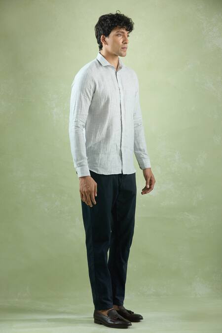 Shop_Aryavir Malhotra_Gray Linen Geometric Stripe Shirt _Online_at_Aza_Fashions