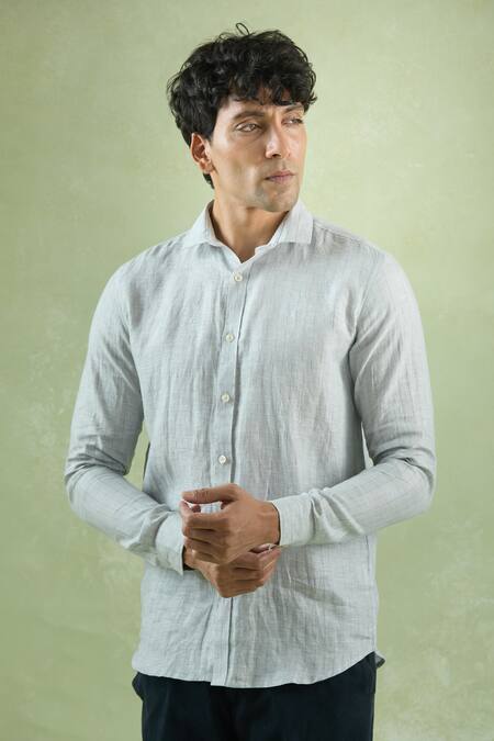 Aryavir Malhotra_Gray Linen Geometric Stripe Shirt _at_Aza_Fashions
