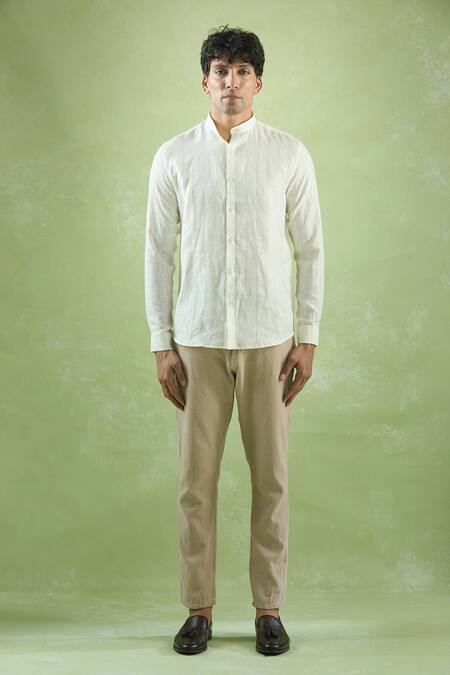 Aryavir Malhotra_Cream Linen Mandarin Collar Stripe Shirt _Online_at_Aza_Fashions