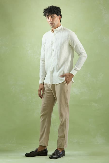 Buy_Aryavir Malhotra_Cream Linen Mandarin Collar Stripe Shirt _Online_at_Aza_Fashions