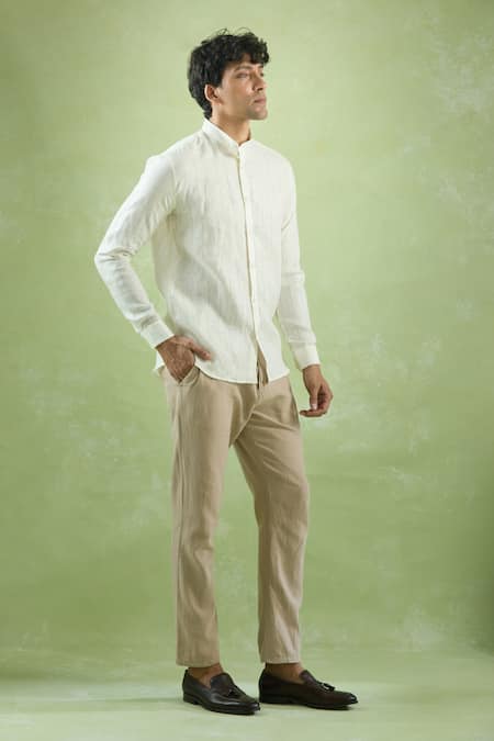 Shop_Aryavir Malhotra_Cream Linen Mandarin Collar Stripe Shirt _Online_at_Aza_Fashions