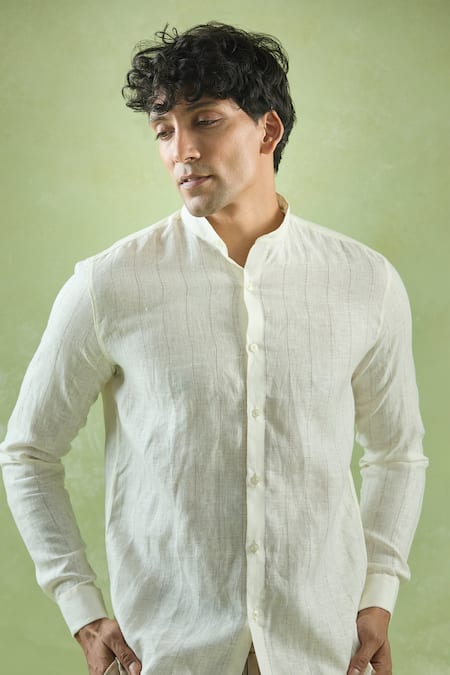 Aryavir Malhotra_Cream Linen Mandarin Collar Stripe Shirt _at_Aza_Fashions