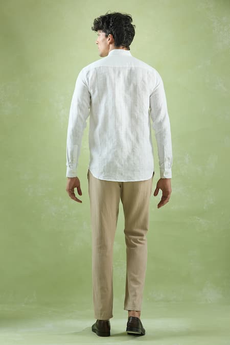 Shop Aryavir Malhotra White Linen Stripe Pattern Mandarin Collar Shirt at Aza Fashions Shop_Aryavir Malhotra_White Linen Stripe Pattern Mandarin Collar Shirt _at_Aza_Fashions