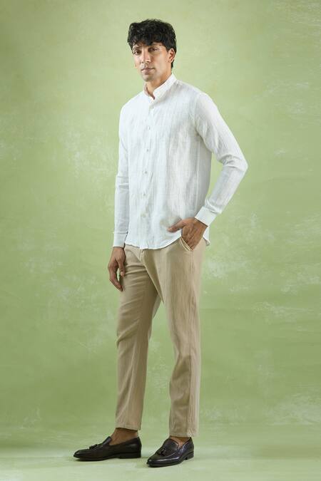 Buy Aryavir Malhotra White Linen Stripe Pattern Mandarin Collar Shirt Online at Aza Fashions Buy_Aryavir Malhotra_White Linen Stripe Pattern Mandarin Collar Shirt _Online_at_Aza_Fashions