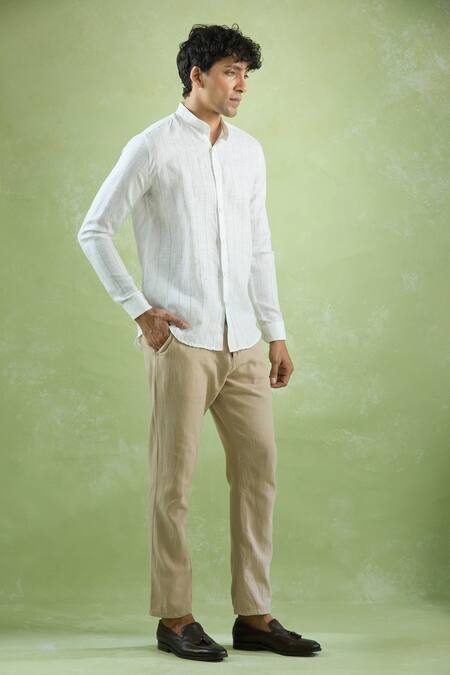 Shop Aryavir Malhotra White Linen Stripe Pattern Mandarin Collar Shirt Online at Aza Fashions Shop_Aryavir Malhotra_White Linen Stripe Pattern Mandarin Collar Shirt _Online_at_Aza_Fashions