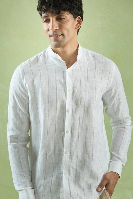 Aryavir Malhotra White Linen Stripe Pattern Mandarin Collar Shirt at Aza Fashions Aryavir Malhotra_White Linen Stripe Pattern Mandarin Collar Shirt _at_Aza_Fashions