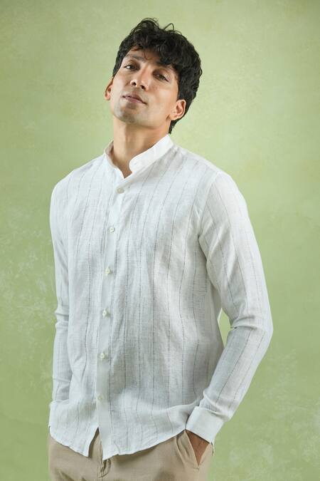 Buy Aryavir Malhotra White Linen Stripe Pattern Mandarin Collar Shirt Buy_Aryavir Malhotra_White Linen Stripe Pattern Mandarin Collar Shirt
