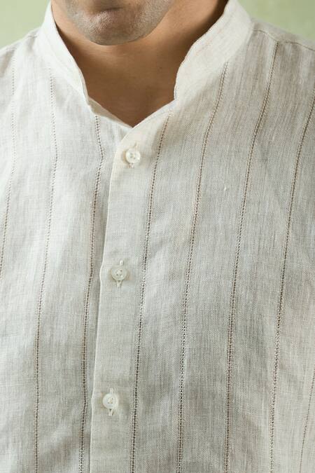 Aryavir Malhotra_Beige Linen Pattern Shirt _Online_at_Aza_Fashions
