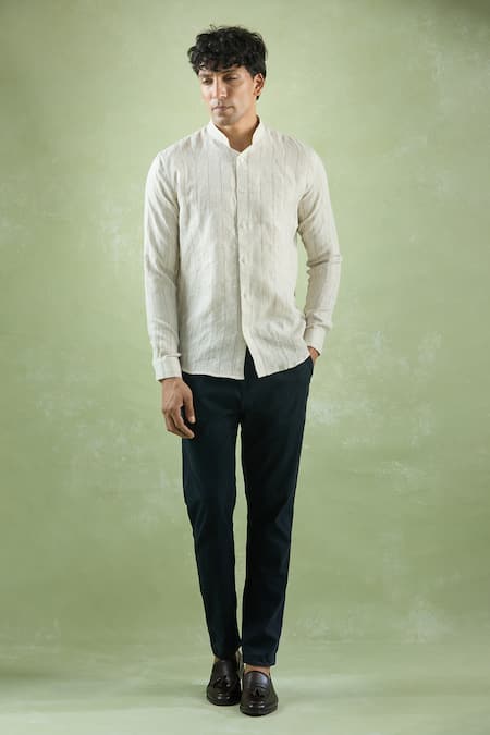 Buy_Aryavir Malhotra_Beige Linen Pattern Shirt _Online_at_Aza_Fashions