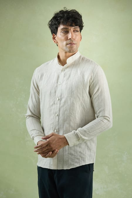 Shop_Aryavir Malhotra_Beige Linen Pattern Shirt _Online_at_Aza_Fashions