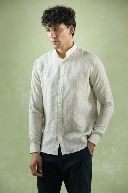 Aryavir Malhotra_Beige Linen Pattern Shirt _at_Aza_Fashions