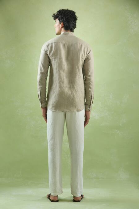 Shop Aryavir Malhotra Brown Linen Mandarin Collar Striped Shirt at Aza Fashions Shop_Aryavir Malhotra_Brown Linen Mandarin Collar Striped Shirt_at_Aza_Fashions