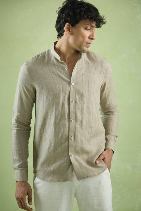 Aryavir Malhotra Brown Linen Mandarin Collar Striped Shirt Online at Aza Fashions Aryavir Malhotra_Brown Linen Mandarin Collar Striped Shirt_Online_at_Aza_Fashions