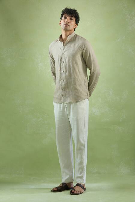 Aryavir Malhotra Brown Linen Mandarin Collar Striped Shirt at Aza Fashions Aryavir Malhotra_Brown Linen Mandarin Collar Striped Shirt_at_Aza_Fashions