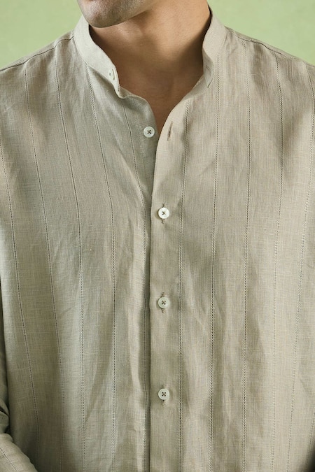 Buy Aryavir Malhotra Brown Linen Mandarin Collar Striped Shirt Buy_Aryavir Malhotra_Brown Linen Mandarin Collar Striped Shirt