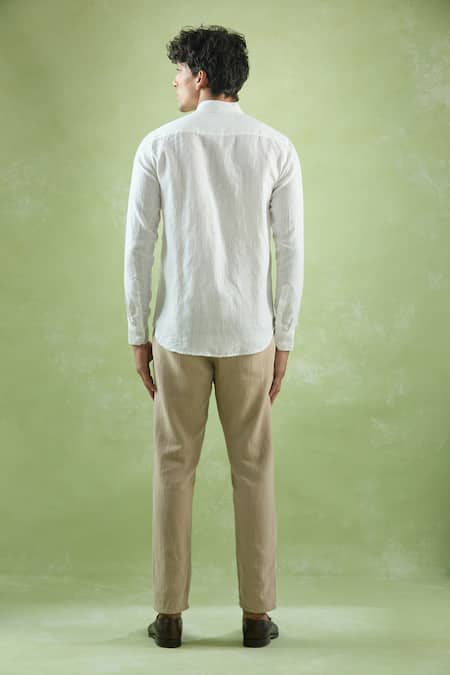 Shop_Aryavir Malhotra_Beige Linen Mandarin Collar Straight Shirt _at_Aza_Fashions