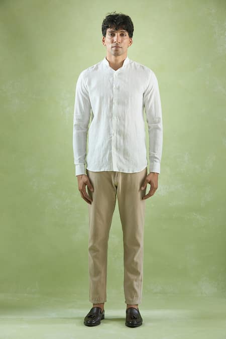 Aryavir Malhotra_Beige Linen Mandarin Collar Straight Shirt _Online_at_Aza_Fashions
