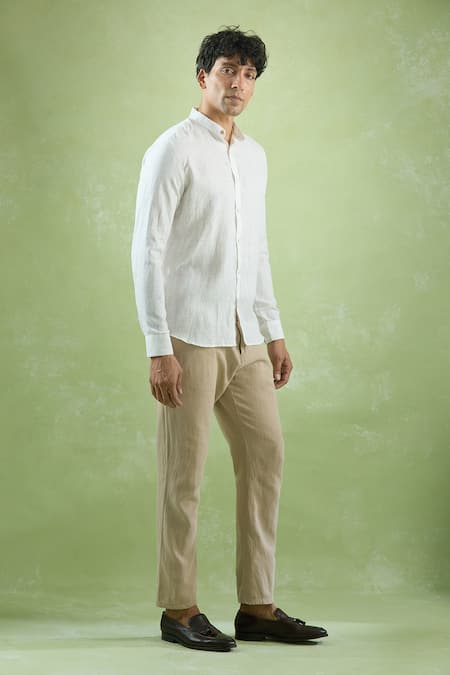 Buy_Aryavir Malhotra_Beige Linen Mandarin Collar Straight Shirt _Online_at_Aza_Fashions