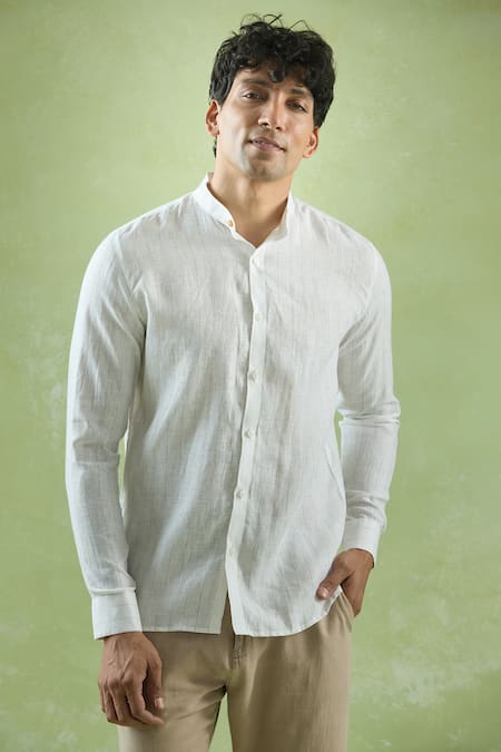 Shop_Aryavir Malhotra_Beige Linen Mandarin Collar Straight Shirt _Online_at_Aza_Fashions