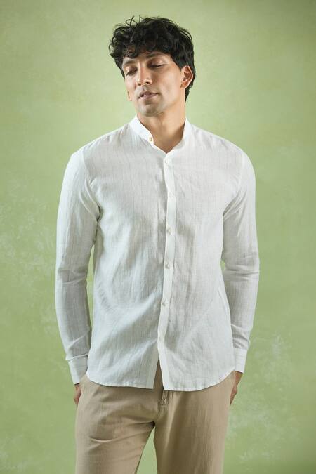 Aryavir Malhotra_Beige Linen Mandarin Collar Straight Shirt _at_Aza_Fashions