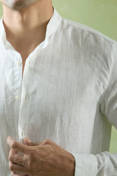 Buy_Aryavir Malhotra_Beige Linen Mandarin Collar Straight Shirt 