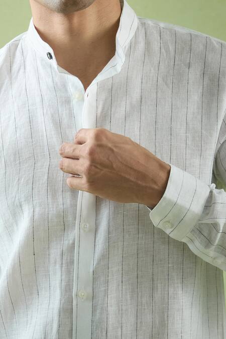 Aryavir Malhotra_White Linen Mandarin Collar Stripe Shirt _Online_at_Aza_Fashions