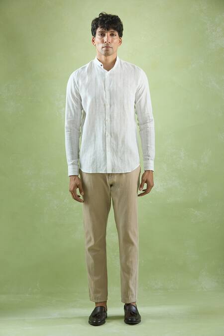 Buy_Aryavir Malhotra_White Linen Mandarin Collar Stripe Shirt _Online_at_Aza_Fashions