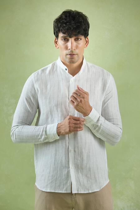 Shop_Aryavir Malhotra_White Linen Mandarin Collar Stripe Shirt _Online_at_Aza_Fashions