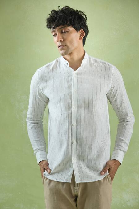 Aryavir Malhotra_White Linen Mandarin Collar Stripe Shirt _at_Aza_Fashions
