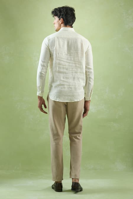 Aryavir Malhotra Cream Stripe Mandarin Collar Shirt 