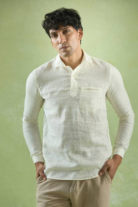 Aryavir Malhotra Cream Linen Stripe Mandarin Collar Shirt Online at Aza Fashions Aryavir Malhotra_Cream Linen Stripe Mandarin Collar Shirt _Online_at_Aza_Fashions