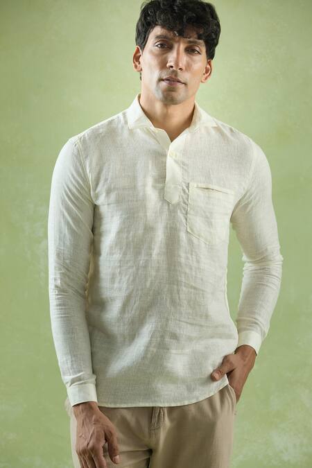 Buy Aryavir Malhotra Cream Linen Stripe Mandarin Collar Shirt Buy_Aryavir Malhotra_Cream Linen Stripe Mandarin Collar Shirt