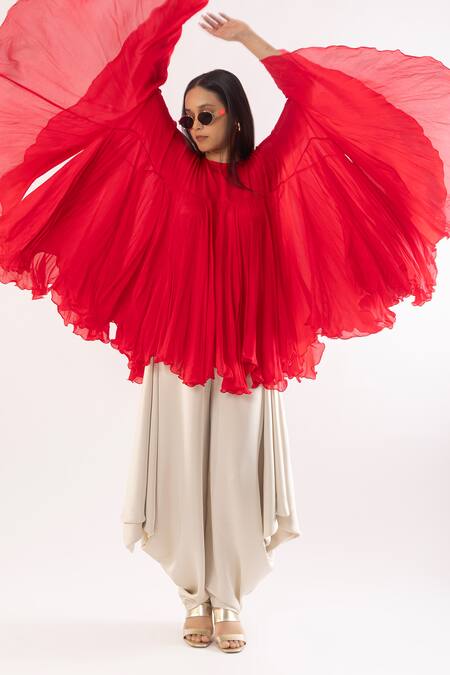 Kriti Bapna_Pink Chiffon, Cotton Satin Round Neck Solid Frilled Kurta Set With Dhoti Pant _Online_at_Aza_Fashions