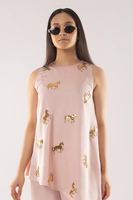 Buy_Kriti Bapna_Pink Cotton Satin Rhinestones Round Neck Horse Embellished Asymmetric Kurta Set _Online_at_Aza_Fashions