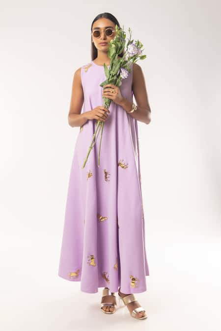 Kriti Bapna_Purple Crepe Round Neck Horse Embellished A-line Dress _Online_at_Aza_Fashions