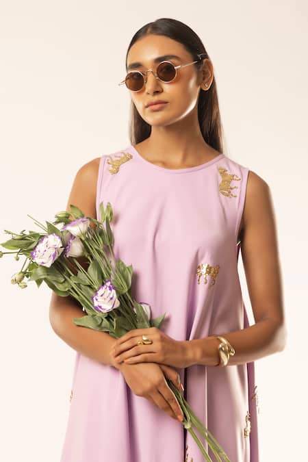 Buy_Kriti Bapna_Purple Crepe Round Neck Horse Embellished A-line Dress _Online_at_Aza_Fashions