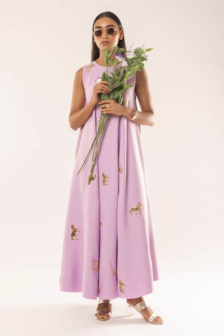 Shop_Kriti Bapna_Purple Crepe Round Neck Horse Embellished A-line Dress _Online_at_Aza_Fashions