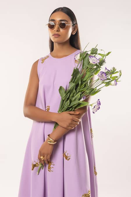 Kriti Bapna_Purple Crepe Round Neck Horse Embellished A-line Dress _at_Aza_Fashions