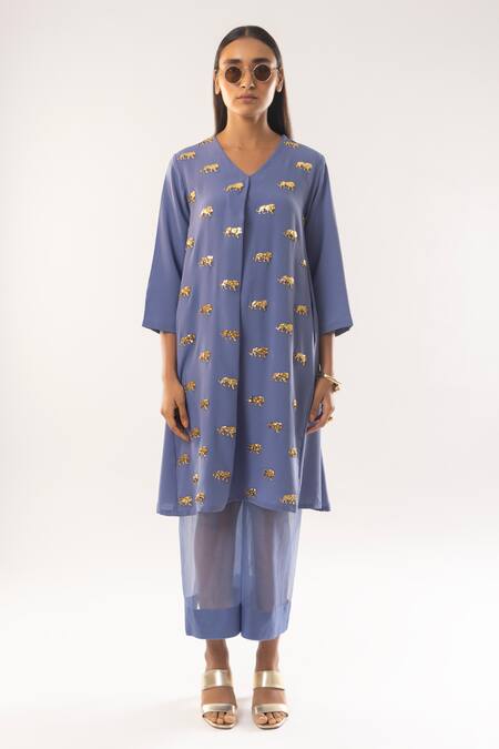 Shop_Kriti Bapna_Blue Mohair, Organza Embroidery Round Neck Horse Embellished Kurta Set _Online_at_Aza_Fashions