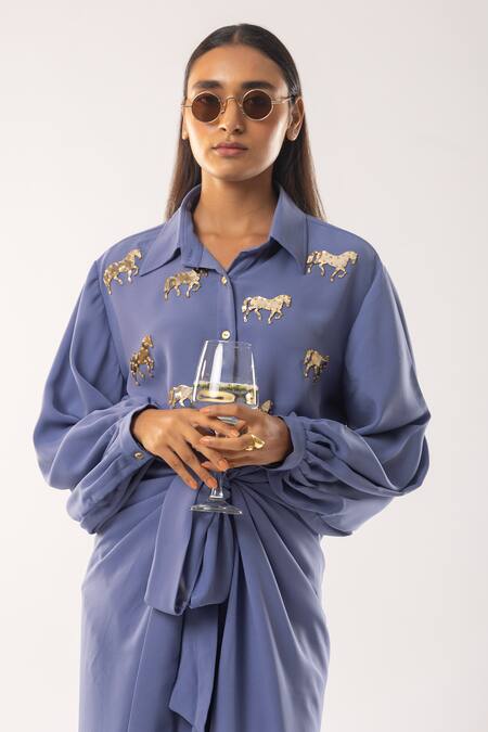 Kriti Bapna_Blue Shawl Neck Horse Embellished Shirt And Tie-up Skirt _Online_at_Aza_Fashions