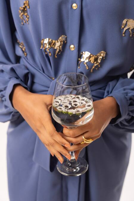 Buy_Kriti Bapna_Blue Shawl Neck Horse Embellished Shirt And Tie-up Skirt _Online_at_Aza_Fashions