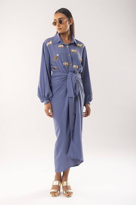Shop_Kriti Bapna_Blue Shawl Neck Horse Embellished Shirt And Tie-up Skirt _Online_at_Aza_Fashions