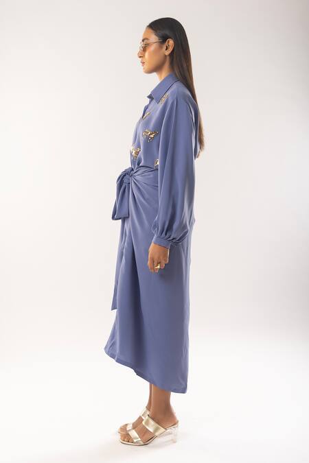 Kriti Bapna_Blue Shawl Neck Horse Embellished Shirt And Tie-up Skirt _at_Aza_Fashions