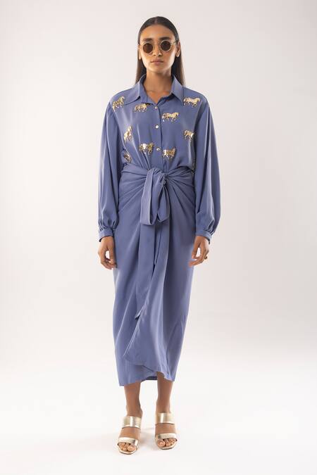 Shop_Kriti Bapna_Blue Shawl Neck Horse Embellished Shirt And Tie-up Skirt 