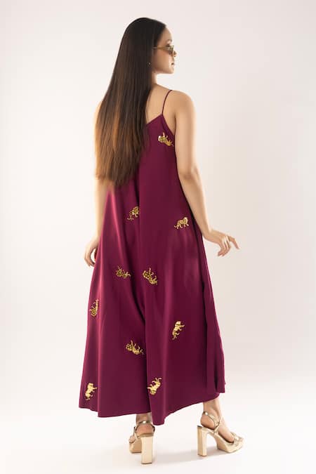Shop_Kriti Bapna_Maroon Modal Ribbons Sweetheart Neck Horse Embellished Jumpsuit _at_Aza_Fashions